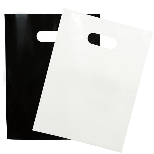 200 Black & White Bags for Small Business 100 Black and 100 White 1.5Mil 9"x12" Merchandise Bags Thick Glossy Retail Bags and Shopping Bags For Small Business with Die Cut Handles Boutique Bags