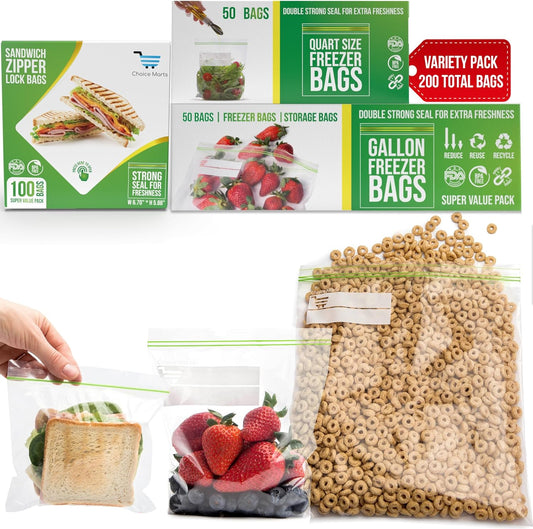 Zipper Bags Various Sizes Freezer Bags Variety Pack 50 Gallon Bags 50 Quart Bags 100 Sandwich Snack Bags 200 Total Bags