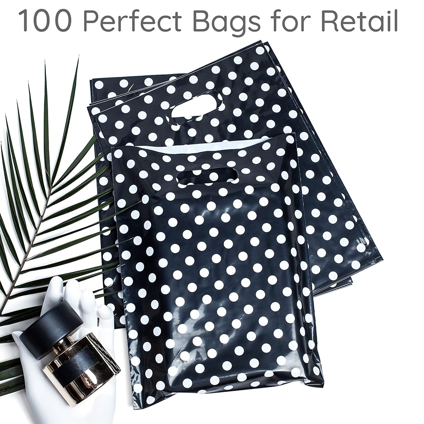 100 Black Polka Dots Bags for Small Business 1.5Mil 9"x12" Merchandise Bags Extra Thick Glossy Thank You Bags and Retail Bags Plastic Bags with Die Cut Handles Black Polka Dots Bags