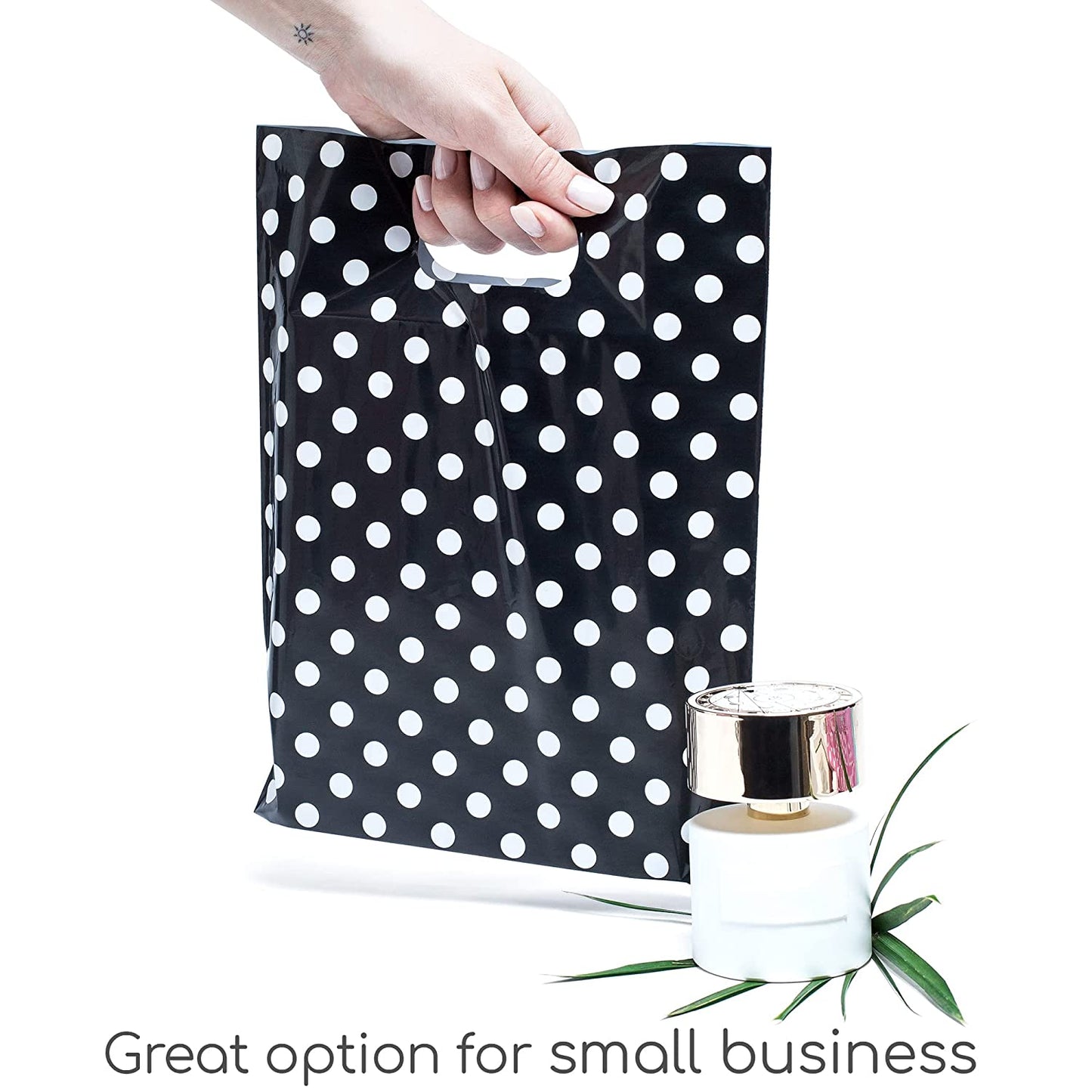 100 Black Polka Dots Bags for Small Business 1.5Mil 9"x12" Merchandise Bags Extra Thick Glossy Thank You Bags and Retail Bags Plastic Bags with Die Cut Handles Black Polka Dots Bags