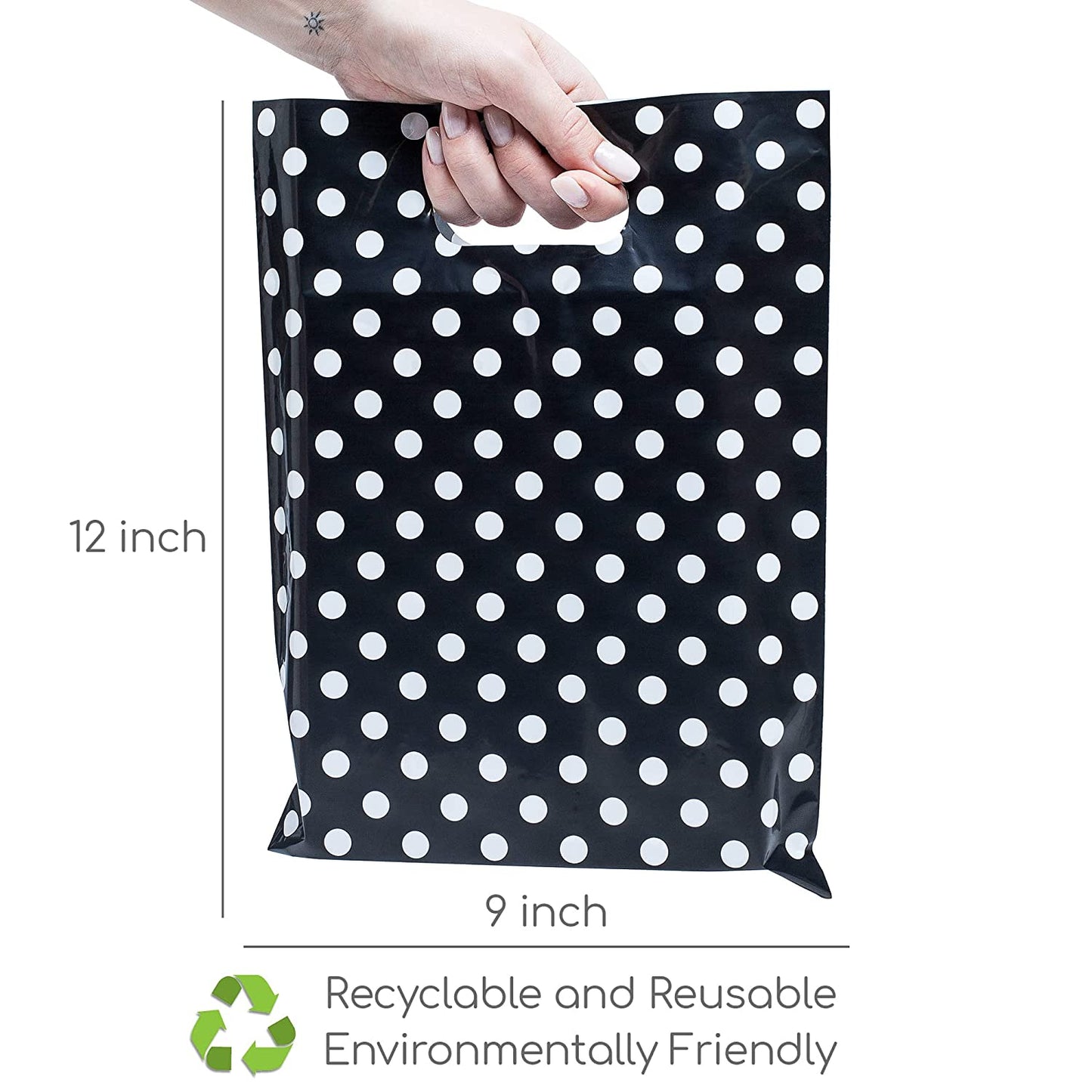 100 Black Polka Dots Bags for Small Business 1.5Mil 9"x12" Merchandise Bags Extra Thick Glossy Thank You Bags and Retail Bags Plastic Bags with Die Cut Handles Black Polka Dots Bags