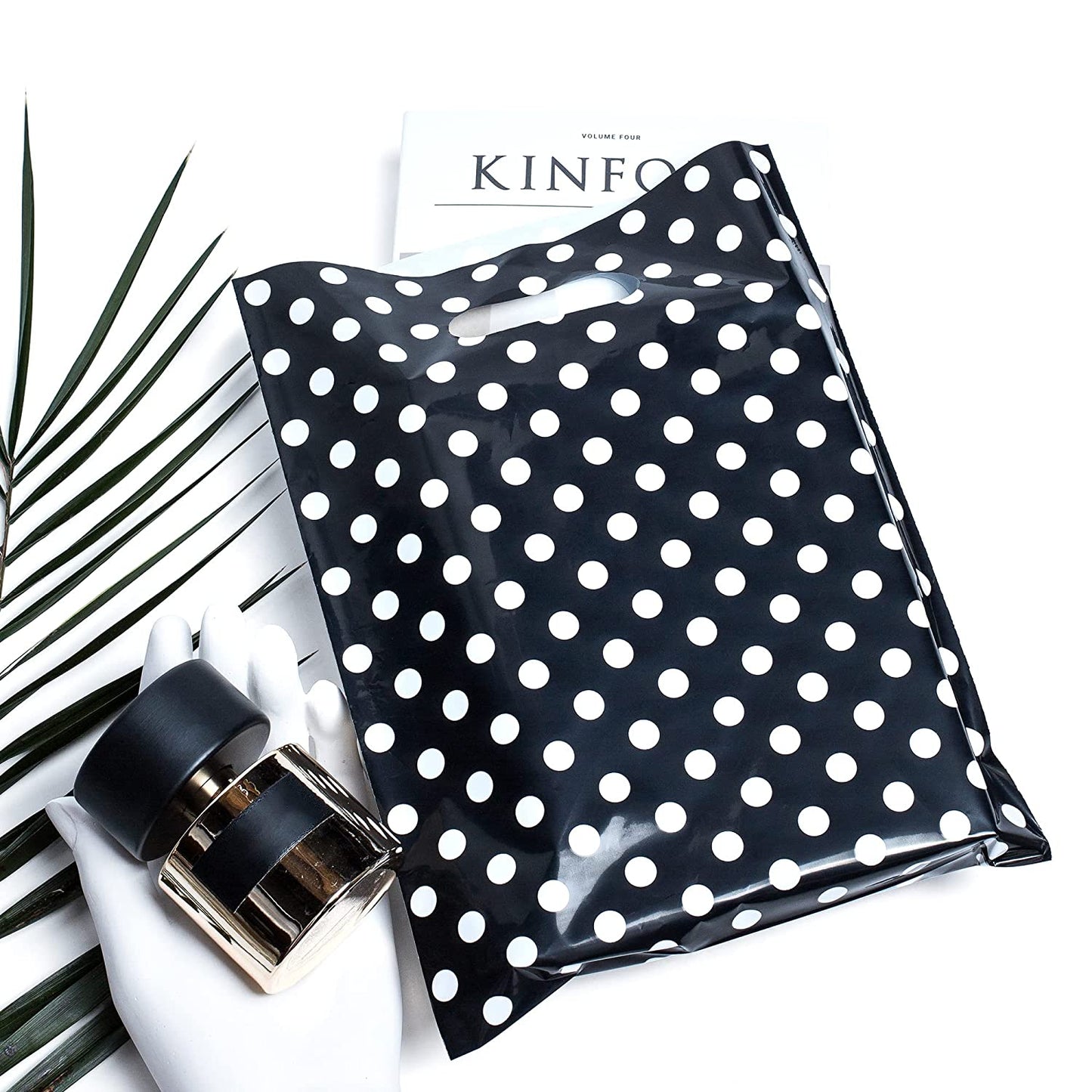 100 Black Polka Dots Bags for Small Business 1.5Mil 9"x12" Merchandise Bags Extra Thick Glossy Thank You Bags and Retail Bags Plastic Bags with Die Cut Handles Black Polka Dots Bags