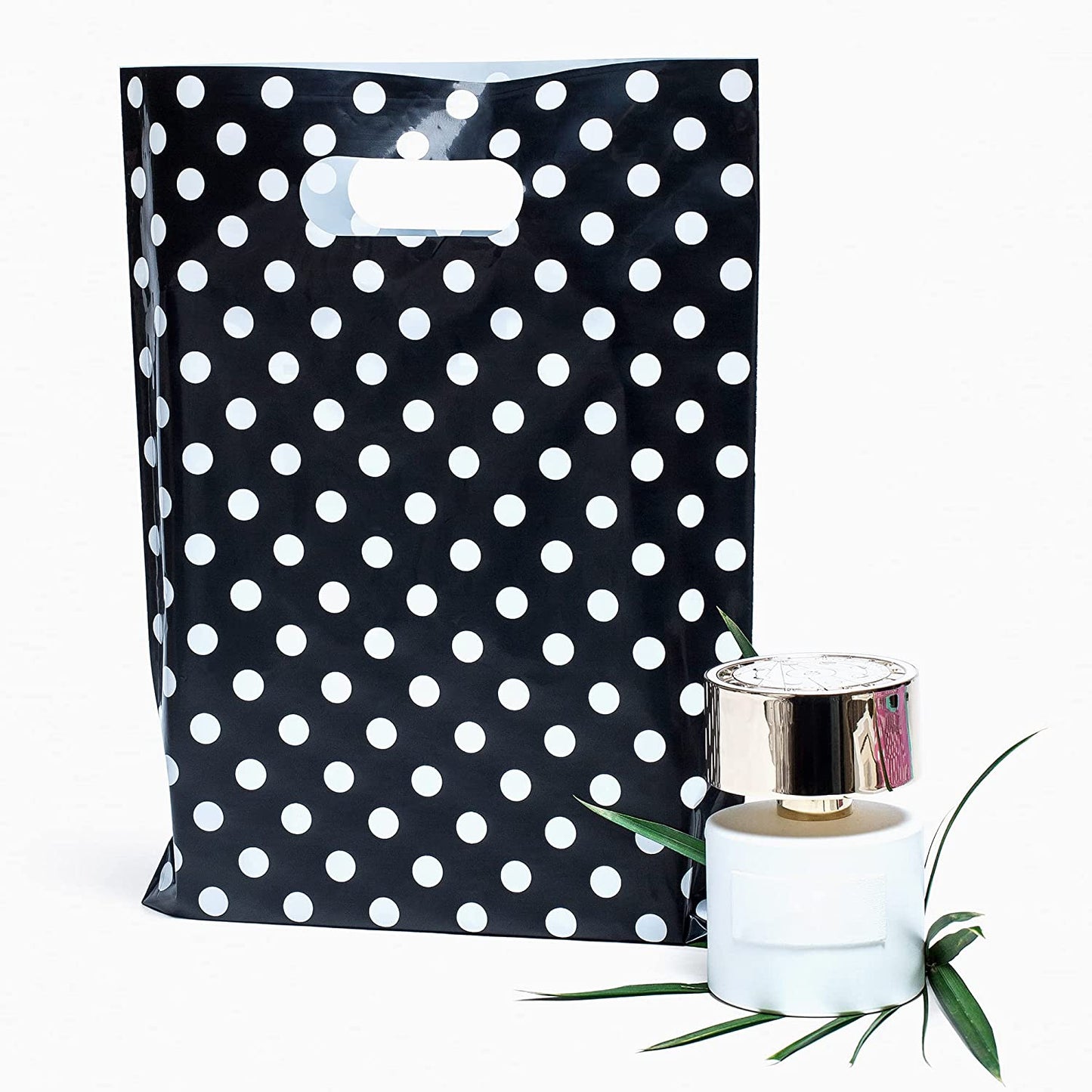 100 Black Polka Dots Bags for Small Business 1.5Mil 9"x12" Merchandise Bags Extra Thick Glossy Thank You Bags and Retail Bags Plastic Bags with Die Cut Handles Black Polka Dots Bags