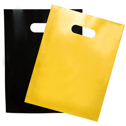 200 Black and Gold Plastic Bags 100 Black and 100 Gold 1.5Mil 9"x12" Merchandise Bags Extra Thick Glossy Thank You Bags and Shopping Bags For Small Business with Die Cut Handles Retail Bags