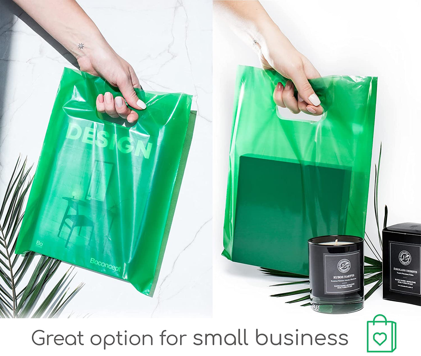 100 Green Bags for Small Business 1.5Mil 9"x12" Merchandise Bags Extra Thick Glossy Thank You Bags and Shopping Bags For Small Business with Die Cut Handles Green Gift Bags For Retail