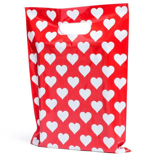 100 White Hearts Bags for Small Business 1.5Mil 9"x12" Merchandise Bags Extra Thick Glossy Thank You Bags and White Hearts Retail Bags Plastic Bags with Die Cut Handles Bags for Valentines day