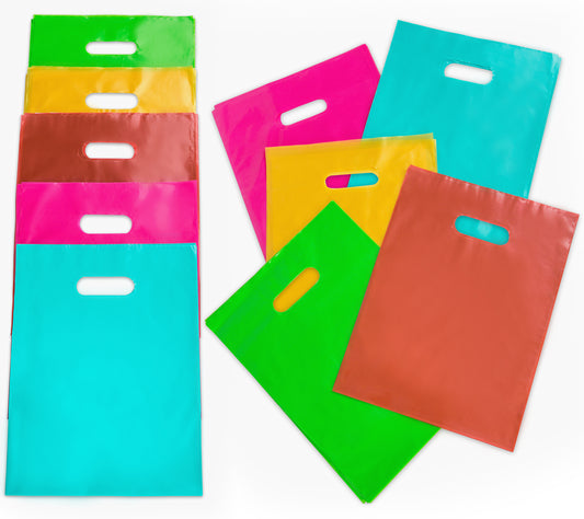 100 Multicolor Bags for Small Business 1.5Mil 9"x12" Merchandise Bags 5 Colors in Total: Pink Teal Gold Lime Green Red Retail Bags Plastic Bags with Handles Goodie Bags for Kids Birthday Party