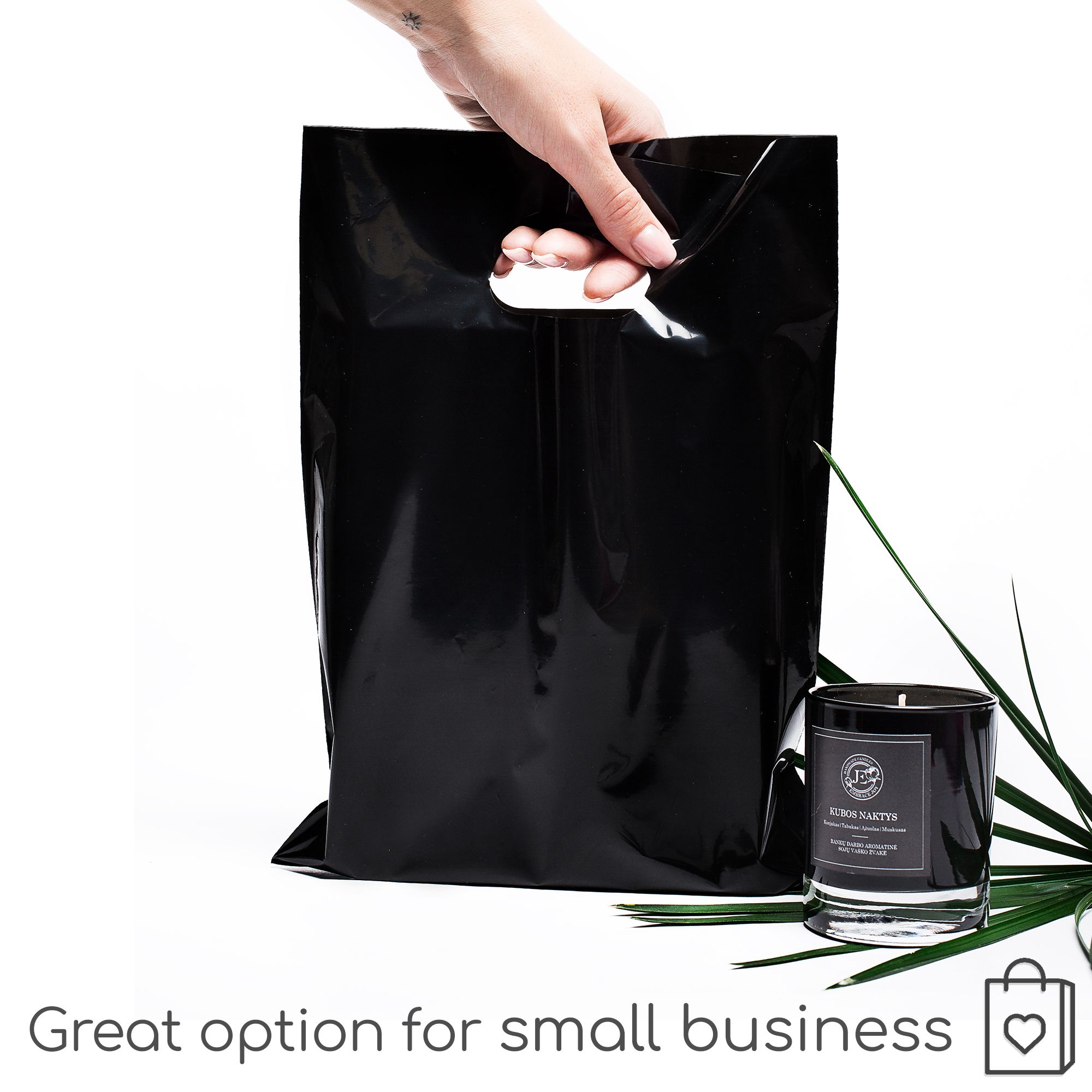 100 Black 1.5Mil, 9" x 12" Extra Thick Glossy Plastic Retail Merchandise Bags with Die Cut Handles, No Gusset- Perfect Thank You Bags for Customers, Boutique bags, Gifts and Tradeshows